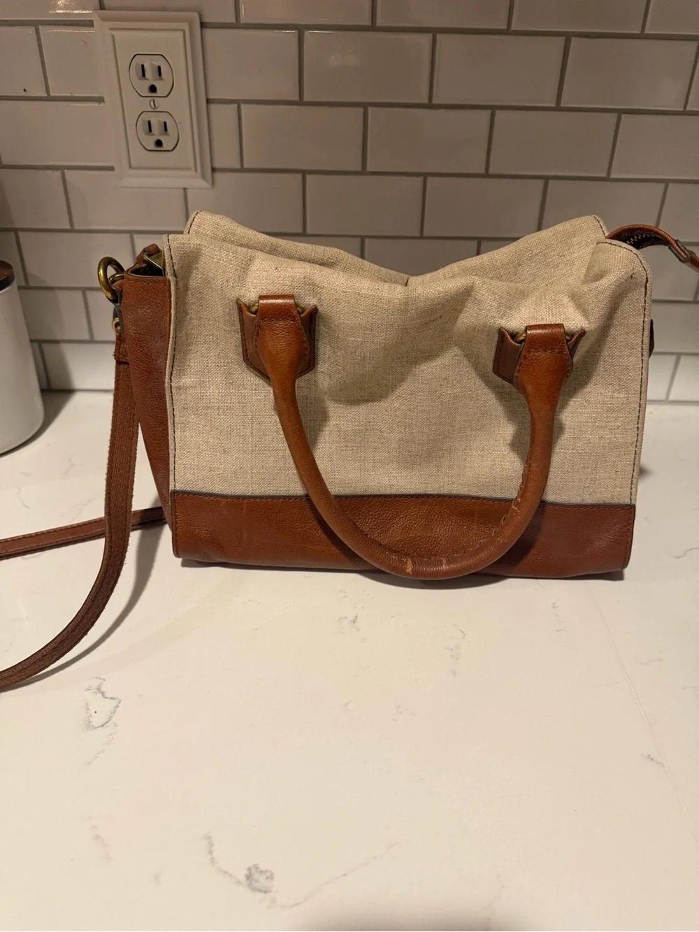 Fossil Beige Canvas Satchel with Brown Leather Accents